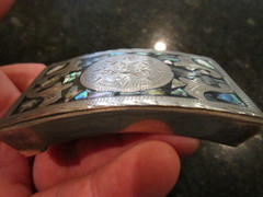 VINTAGE ALPACA SILVER SUNDIAL BELT BUCKLE MOTHER OF PEARL INLAY – GW-26
