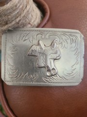 Vintage Western Saddle 3 Dimensional on Floral Silver Tone Belt Buckle USA