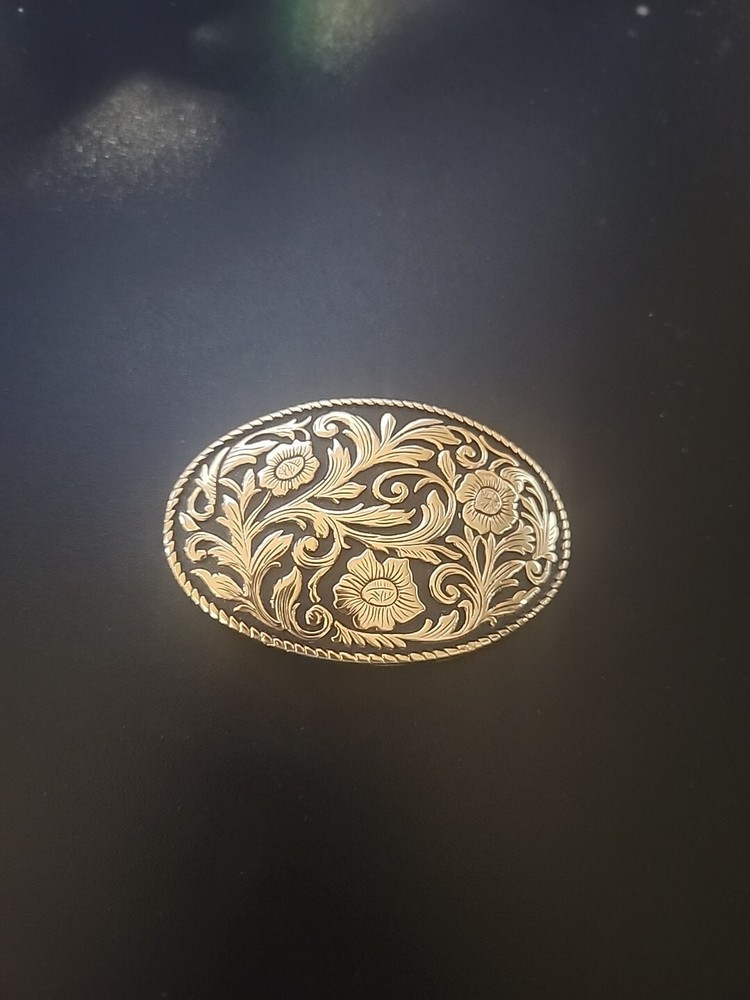 Unique Vintage Art Deco Western Black & Gold Belt Buckle – Small Flower Swirls