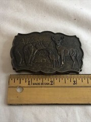 Vintage Bronze Tone RJ Belt Buckle Wilderness Forest Nature BEAR Deer BUCK Rock