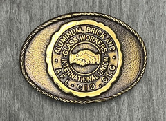 Vintage Aluminum Brick Glass Workers Union Belt Buckle Gold Tone USA AFL CIO