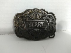Vtg Oden NC Brass Belt Buckle 70s Name JERRY Personalized Ornate