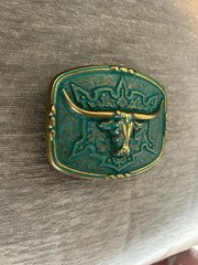 Longhorn Steer Skull Belt Buckle Patina Western Cowboy Bull Cow Green Gold