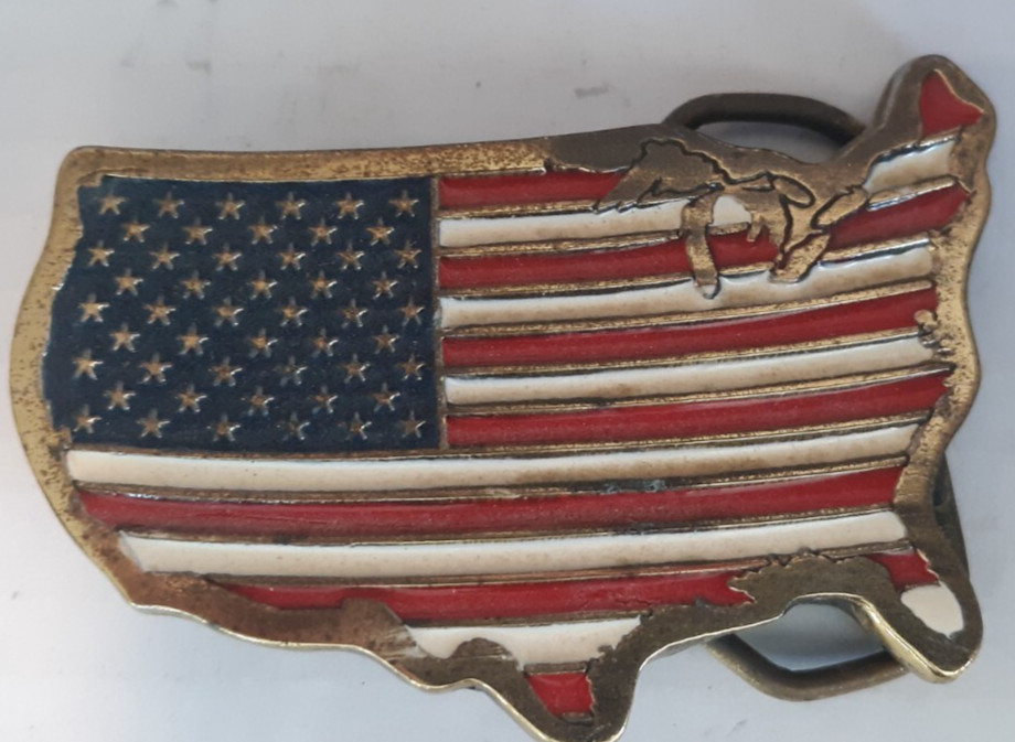 belt buckle US flag country shape 1986 Great American Buckle Co. 3&Prime; long