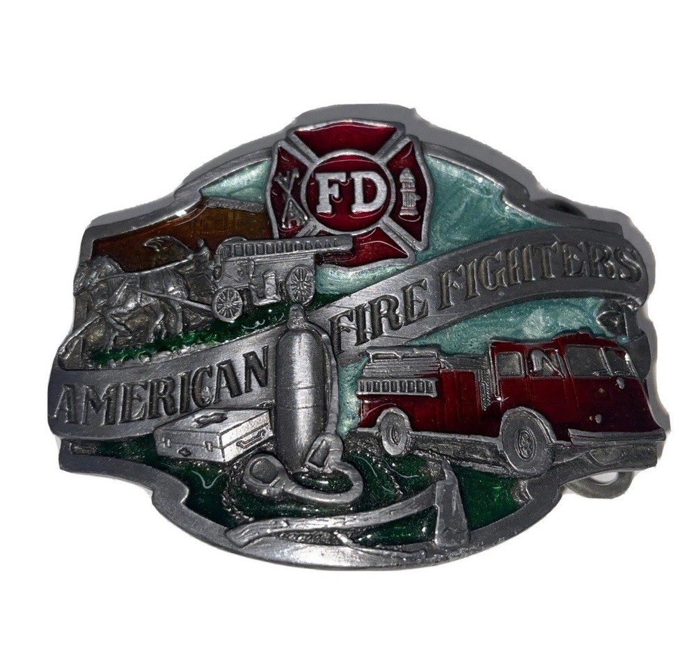 American Fire Fighter Belt Buckle SiskiYou 1988 Made in USA Fire Engine Pewter