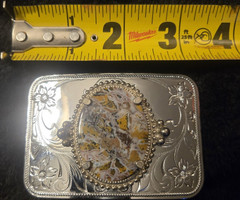 Men&rsquo;s Silver tone Western Floral Engraved Belt Buckle w/ Agate Inlay