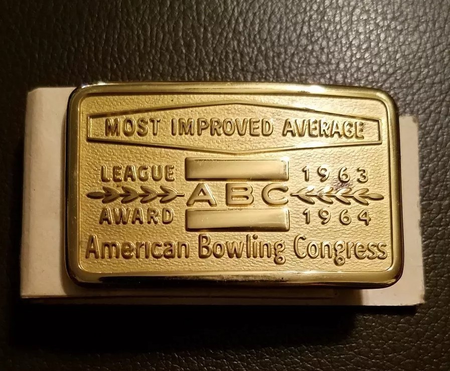 Vintage ABC Bowling League Award most improved 63&rsquo;/64&prime; Gold Color Belt Buckle