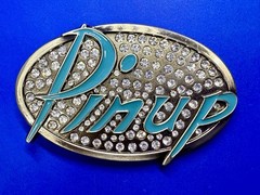 Pinup Girl – Blue Lettering Fashion Statement Novelty Jeweled Oval Belt Buckle
