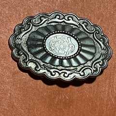 VTG Western Floral Oval BeltBuckle Silver Tone Scalloped Scrollwork Sunburst B21