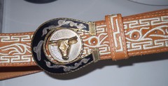 HORSESHOE AND BULL HEAD BELT BUCKLE AND WESTERN LEATHER DECORATE BELT