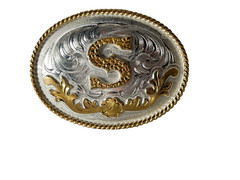 Western Initial Belt Buckle 3.5 x 2 5/8 in Oval S Silver Engraved Gold 1.75