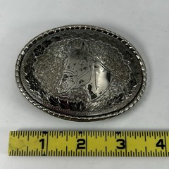 Vintage W Horse Head Belt Buckle Silver Tone Floral Rope Edge Made in USA