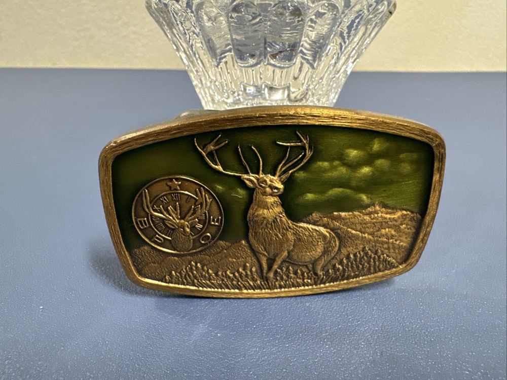 Vintage 1981 Harry Klitzner Co BPOE Elk Deer Green Enamel Belt Buckle Brass Tone