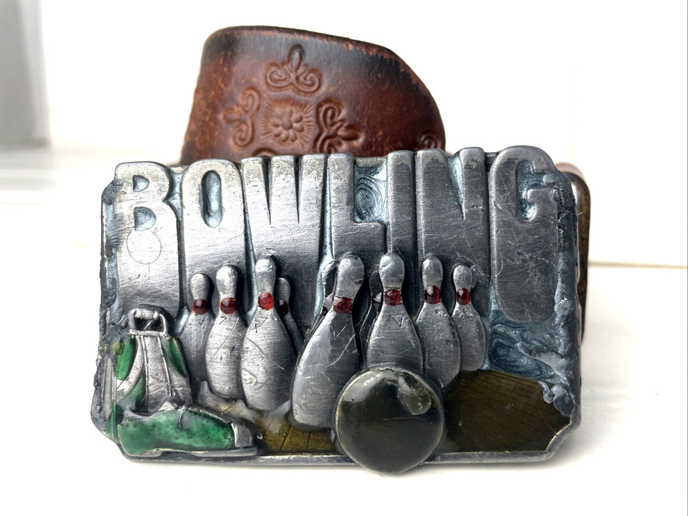 Silver Bowling Belt Buckle Vintage Buckle 1985 Leather Belt Fits 46&Prime; Length