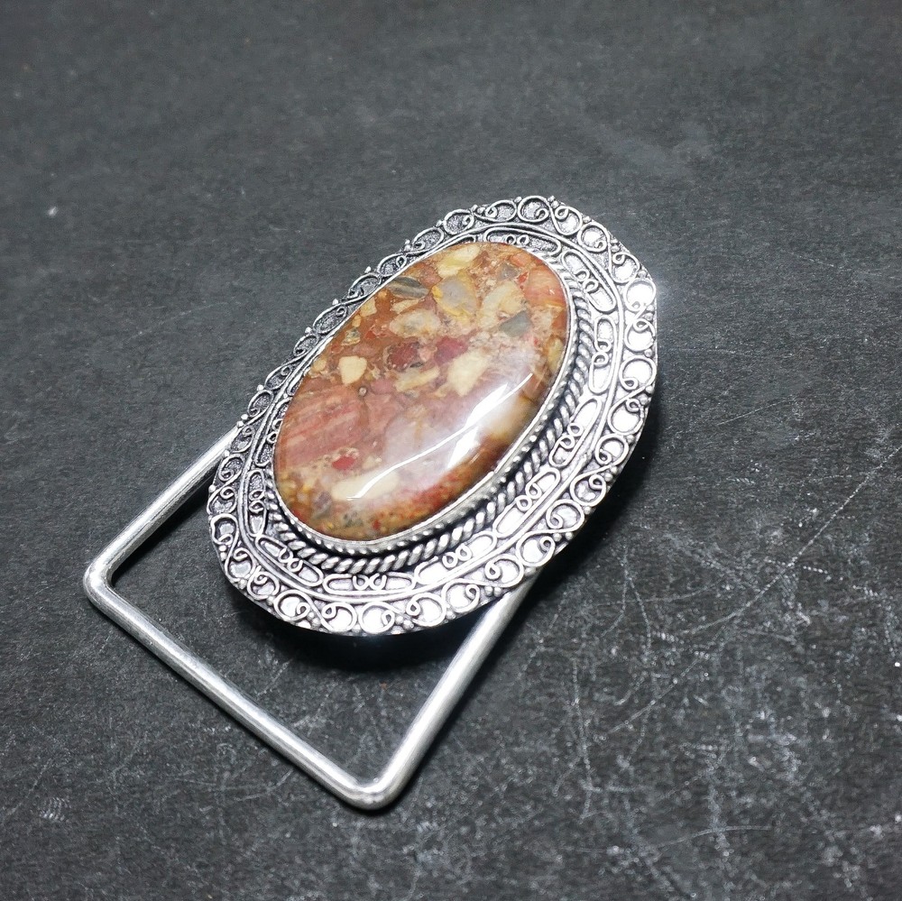 Handcrafted 925 Sterling Silver Natural Coffee Jasper Oval Cabochon Belt Buckle
