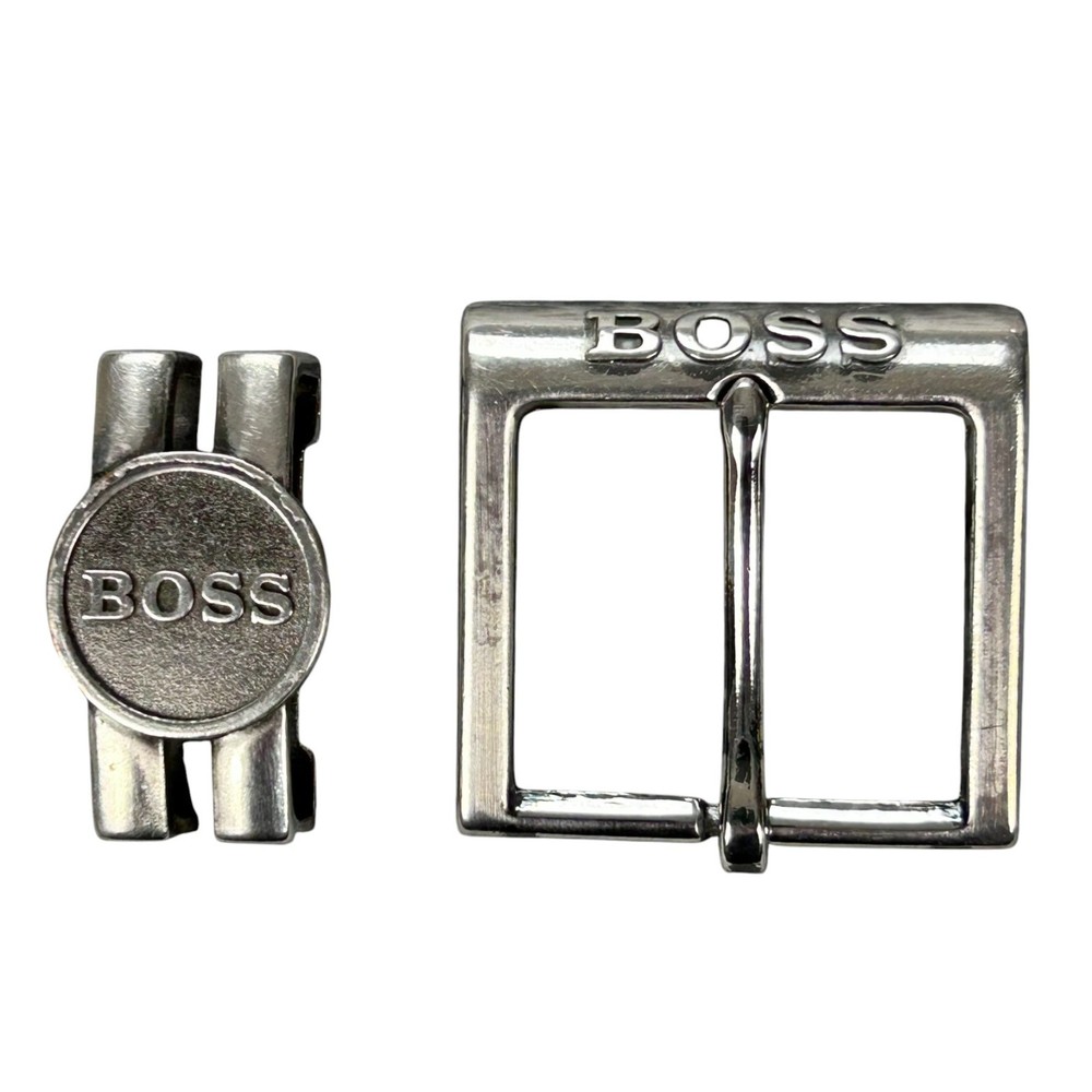 Hugo Boss Belt Buckle Silver Metal w/ Embossed Boss on Both Pcs 1.5&Prime; belt Width