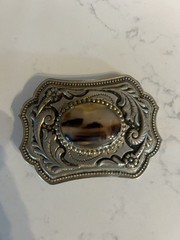 Silver Western Floral Belt Buckle Oval Stone Accent Antique Finish 1.5in Men