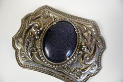 Vintage Western Floral Embossed Metallic Blue Star Stone Silver Tone Belt Buckle