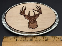 Buck Deer Belt Buckle Unbranded Two Tone Laser Cut Wood in Silver Tone Frame