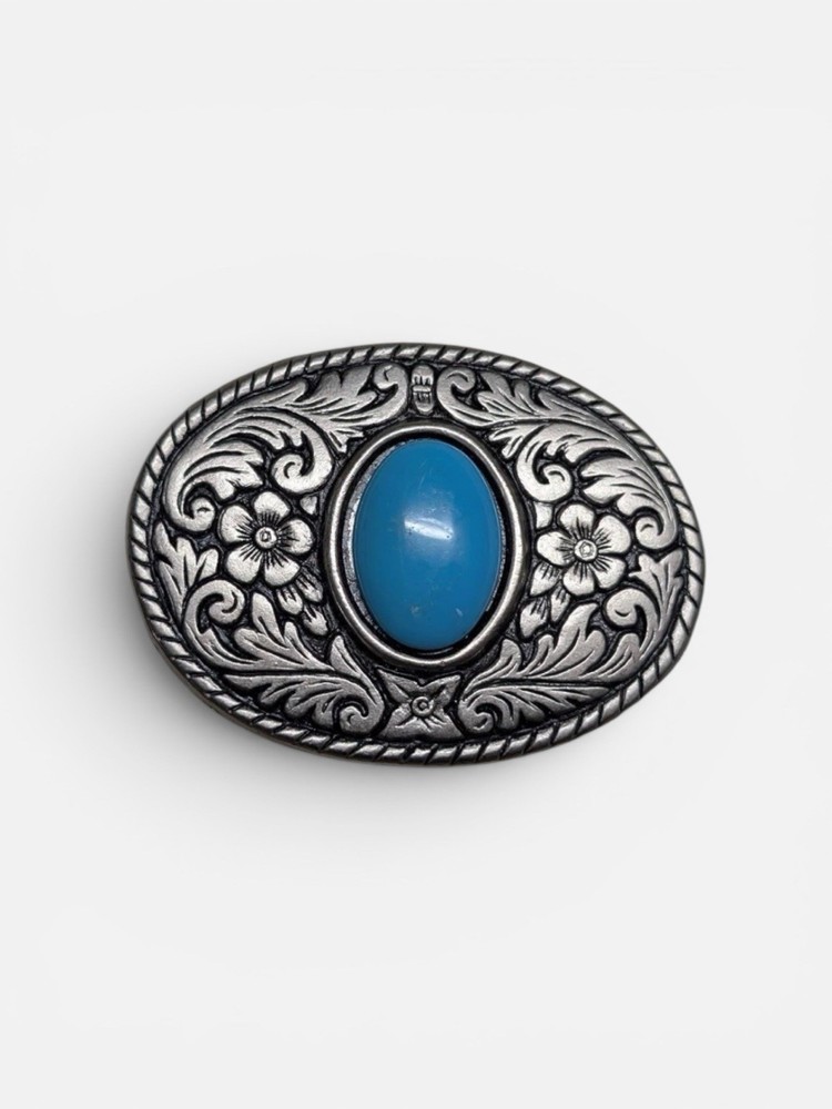 Western Native American Oval Silver Tone Metal Aqua Stone Metal Belt Buckle Vtg