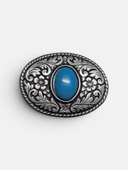 Western Native American Oval Silver Tone Metal Aqua Stone Metal Belt Buckle Vtg