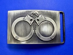 Hand Cuffs Raised Handcuffs on Silver Color Rectangular Belt Buckle