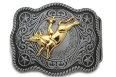 Men Belt Buckle Dark Silver Metal Urban Cowboy Western 3D Rodeo Bull Riding Gold
