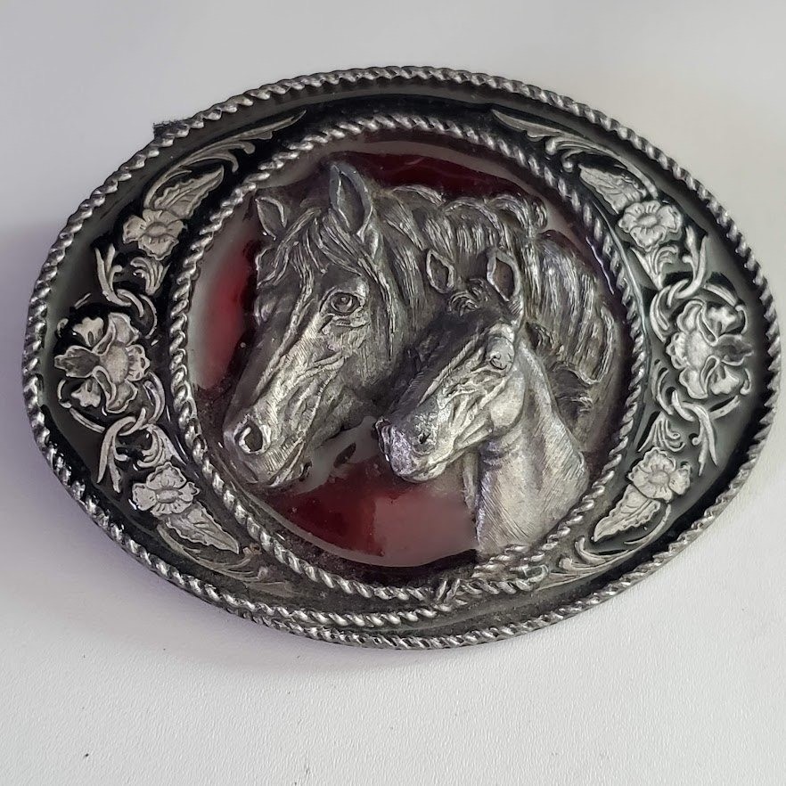 Siskiyou Buckle Co Vintage Horse & Foal Belt Buckle Red Enamel A-5 Made in USA