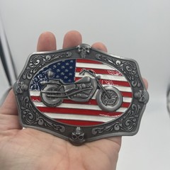 American Flag Belt Buckle Motorcycle Skulls Stars & Stripes Antique Silver
