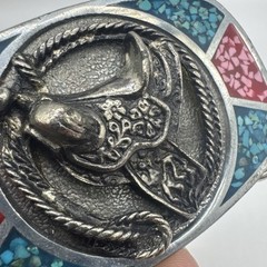 Vtg Southwest 3D Rope And Saddle Turquoise Red Coral Chip Inlaid Belt Buckle