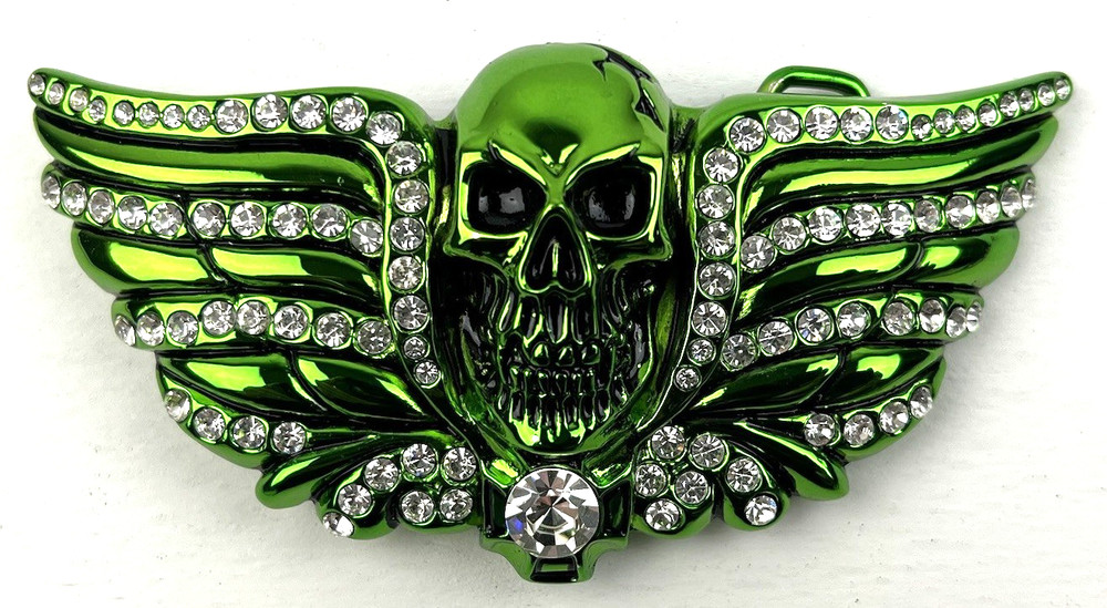 Washed Up Hollywood 1½” Pewter Plate Crystal Skull Head Belt Buckle Green Goth