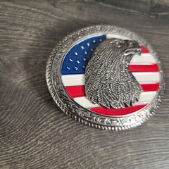 Oval American Flag w/Eagle Head Belt Buckle Antique Silver Tone Red White Blue