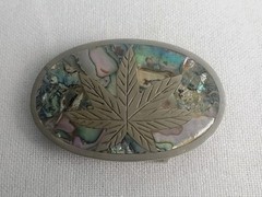 VTG Belt Buckle Mexican Abalone Inlay Silver Marijuana Leaf 420 Weed Cannabis
