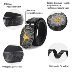 Bawnhaw Western Cowboy-Belts for 43.3&Prime; 30-34&Prime; waist, Black(carved-bull)