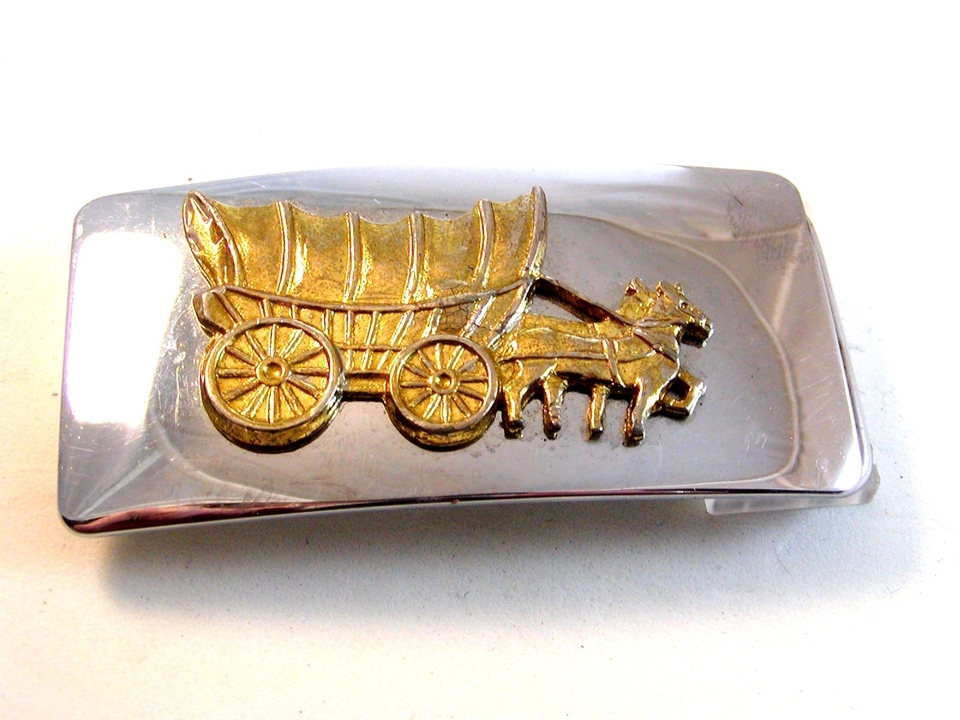 Vintage Silver & Gold Tone Pioneer Wagon Belt Buckle Made in U.S.A.