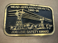 Vtg Solid Brass Belt Buckle Mead-Adelanto 500 KV T.L. Job Line Construction Dyna