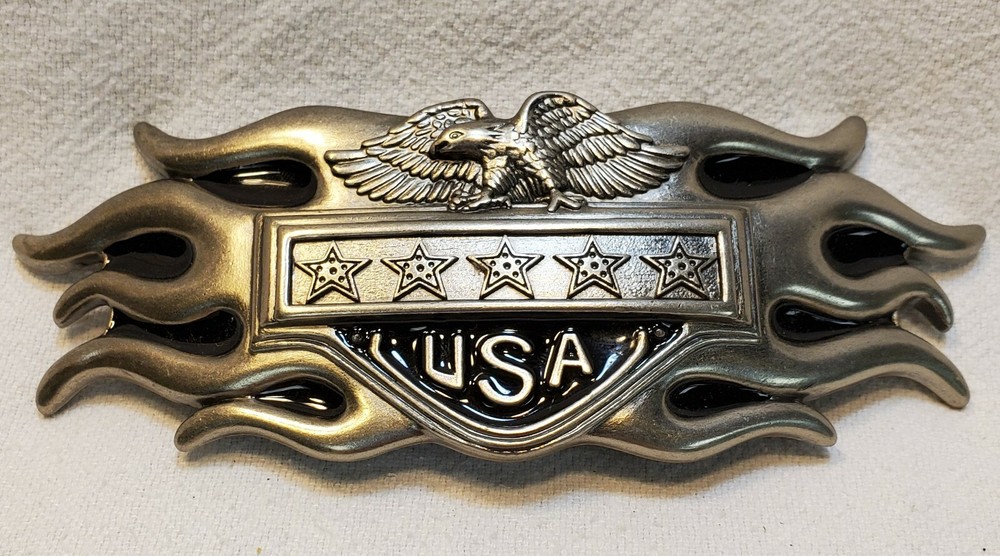 Stainless Steel Oblong Belt Buckle Flamed Eagle USA Stars Removeable
