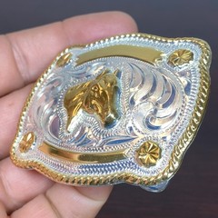 JUSTIN Silver Mexico Horse Head 2-5/8”x2-1/8” Belt Buckle SHINY GOLD SILVER Tone