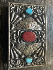 Vintage Native American Mexico Silver Turquoise & Coral Belt Buckle – 56 G