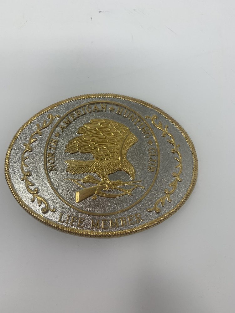 North American Hunting Club Life Member Belt Buckle Silver Gold Eagle Western