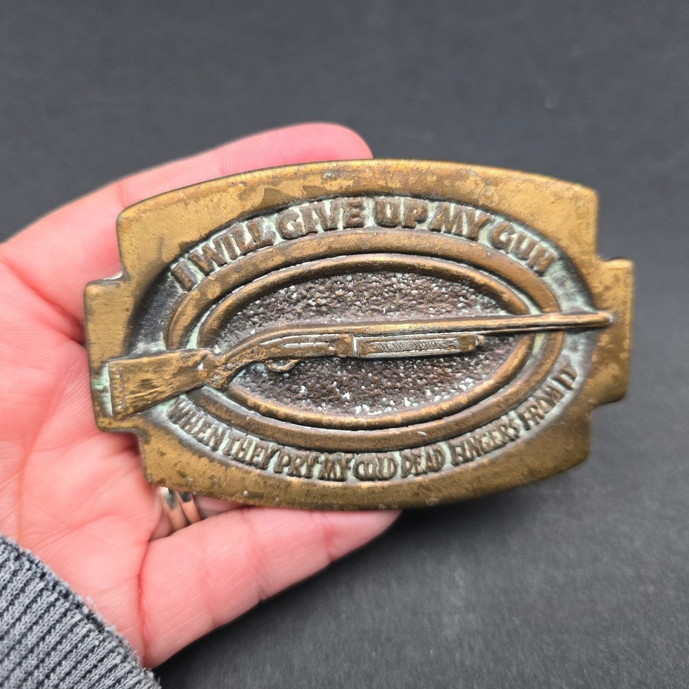 Vintage Brass Shotgun Belt Buckle Cold Dead Fingers Quote 268 Patina Mens