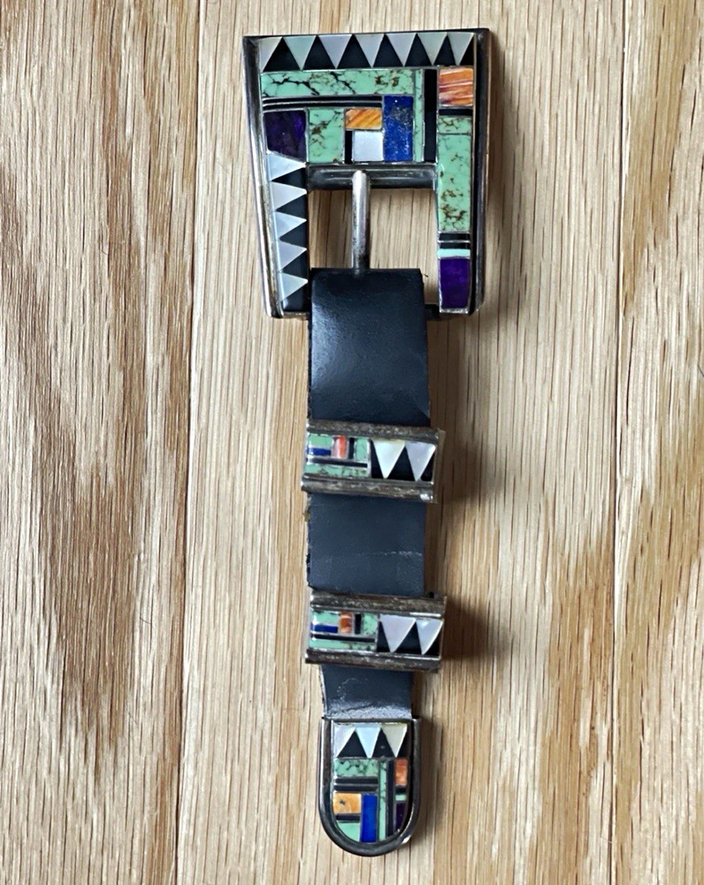 Vintage Navajo Raymond Delgarito Signed Multi-Stone Stamped Ranger Belt Buckle