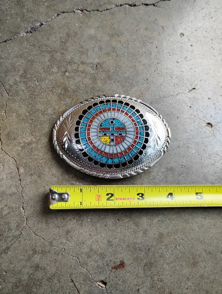 Vintage Southwestern Mosaic design Belt Buckle Inlayed Gemstones