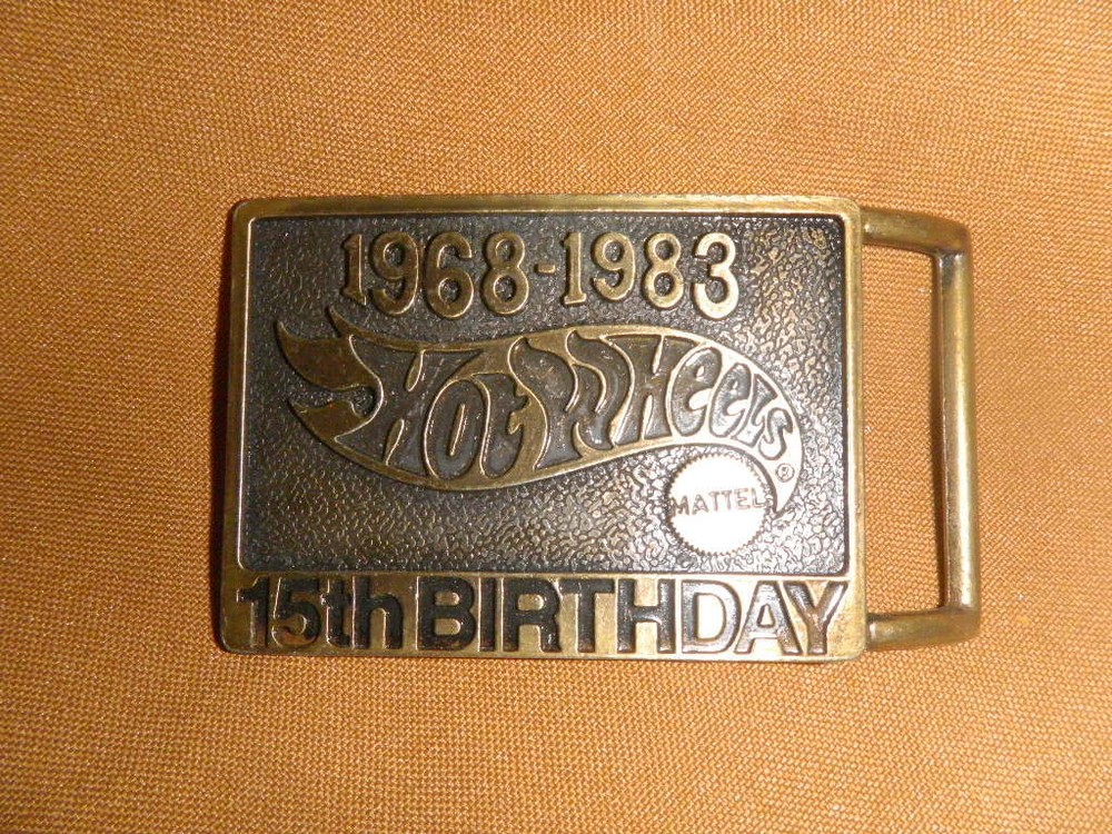 1968-1983 brass engraved 3D Hot Wheels 15th Birthday belt buckle cars