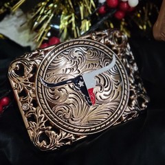 Longhorn Western belt Buckle Texas Style Rose Tone 4.5 x 3.5  » Cowboy Rodeo Buck