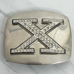 Rhinestone Studded X Letter Initial Monogram Silver Tone Belt Buckle