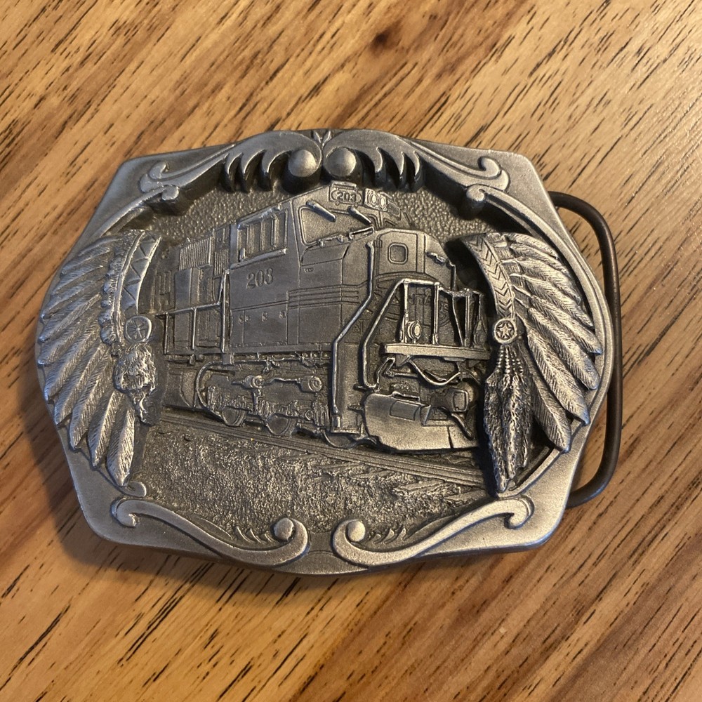 C&J 1996 BELT BUCKLE Train Engine #203 Indian Warrior Headdress, #1691