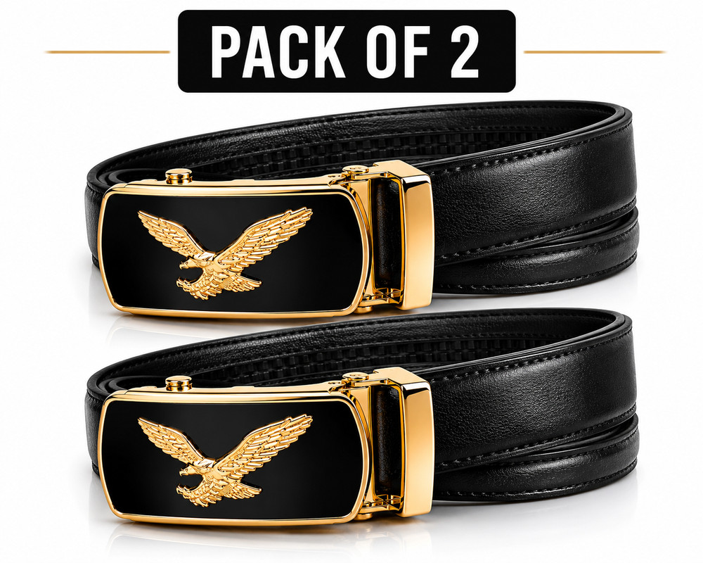 2 Pack Automatic Ratchet Dress Belts Eagle Buckle Adjustable Leather Black Gift