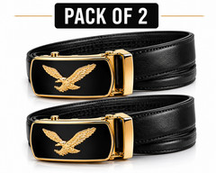 2 Pack Automatic Ratchet Dress Belts Eagle Buckle Adjustable Leather Black Gift