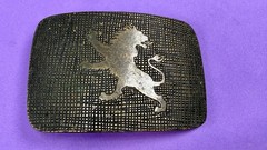 Heraldic Rampant Lion Grid Pattern Brass Tone Belt Buckle, Made in Italy